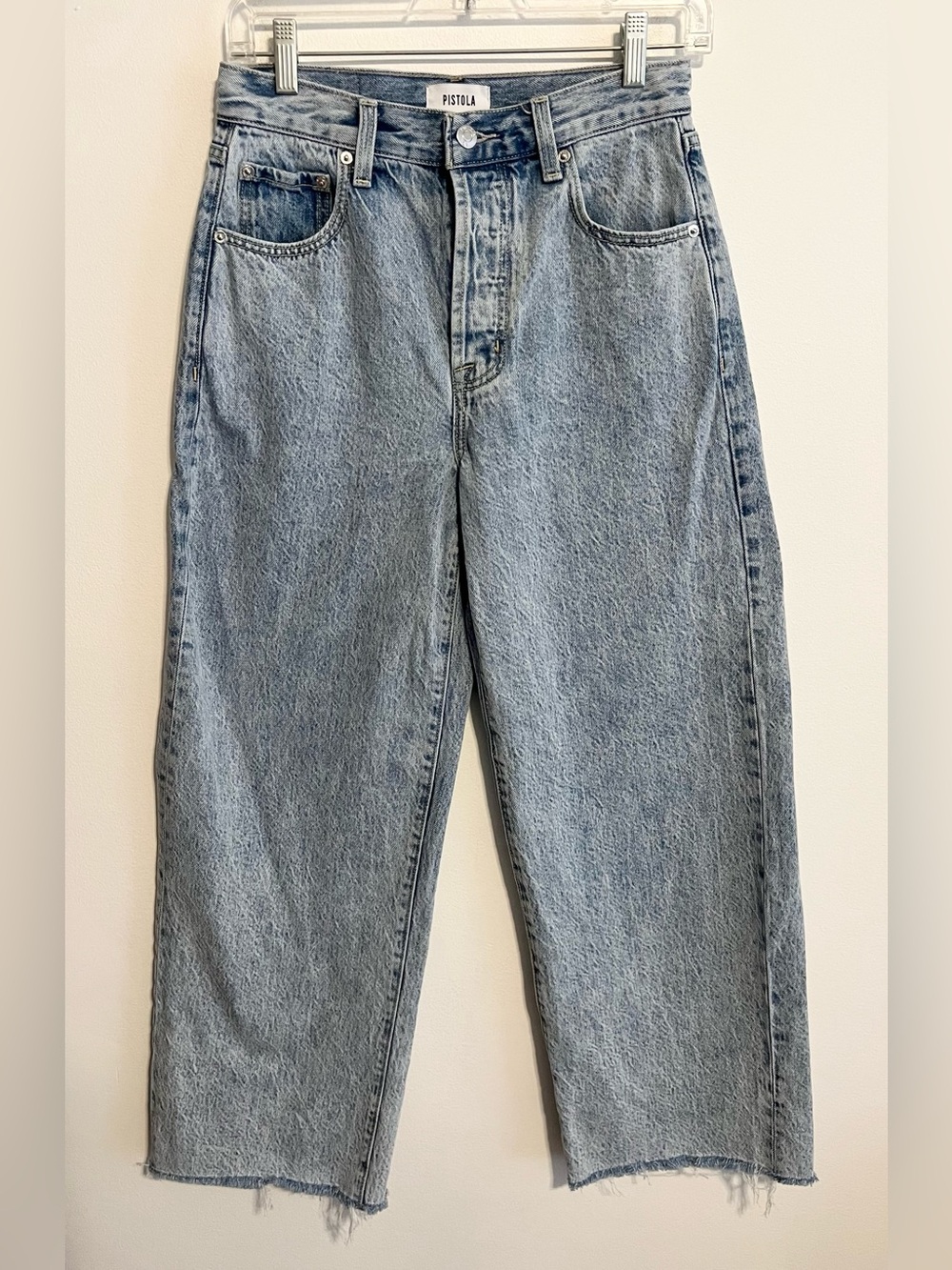 PISTOLA Button Fly High Rise Relaxed Wide Leg Jeans in Medium Blue Wash.  
Sz 25